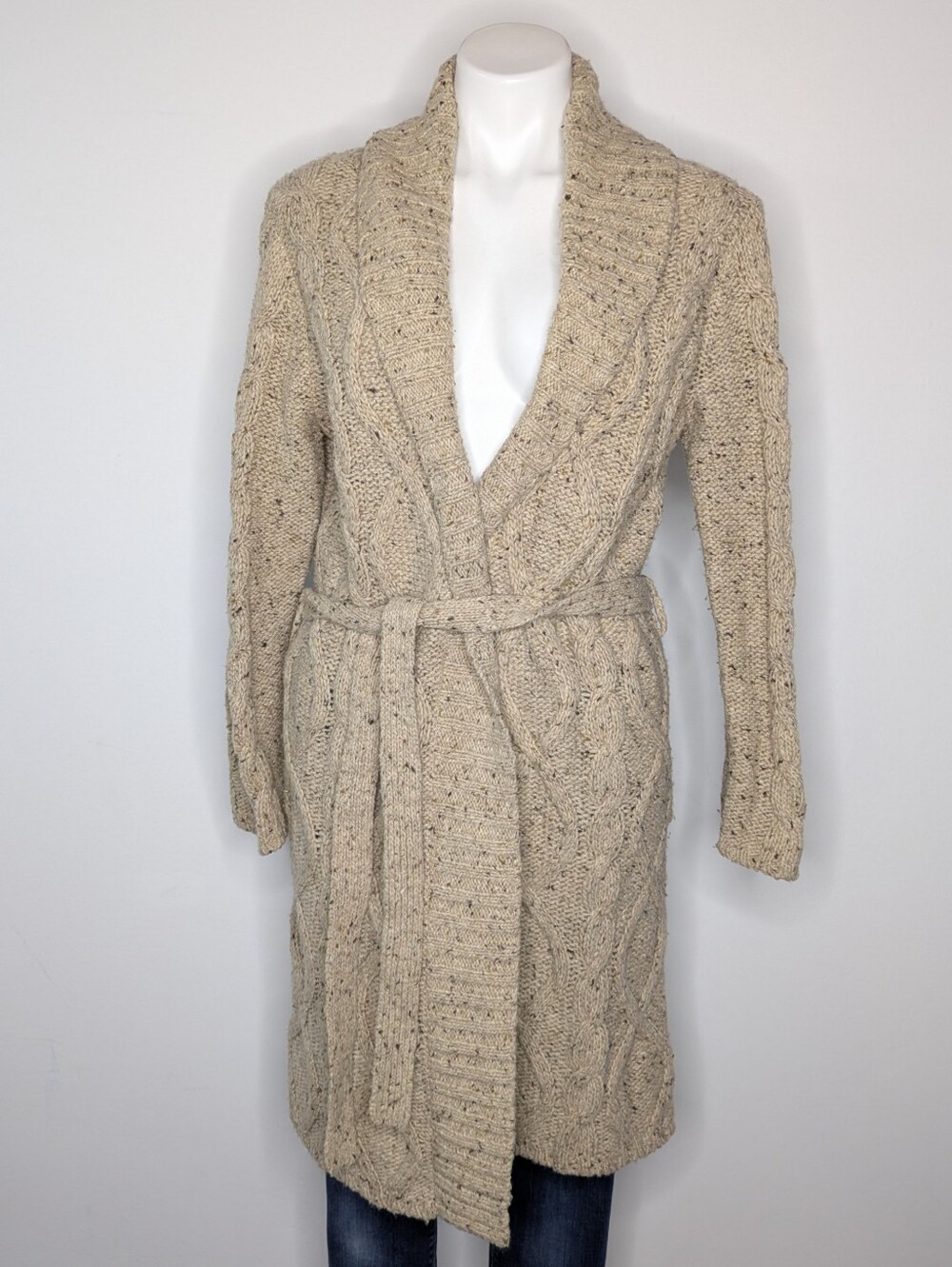 Kate Hill Tan Speckled Long Sleeve Tie Waist Wool Blend Duster Cardigan Sweater